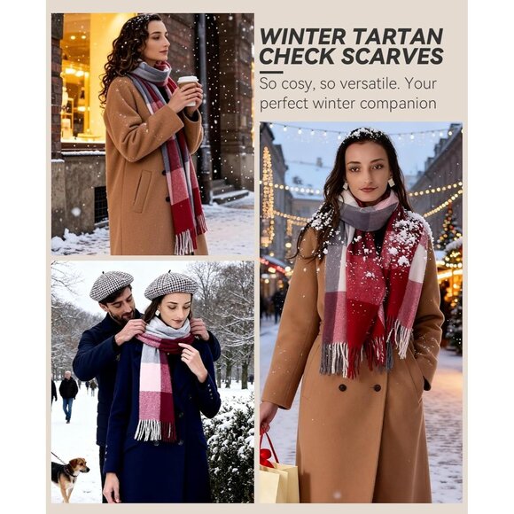 Women Burgundy White Winter Warm Shawl Wraps Tartan Blanket Oversized Scarves - Picture 3 of 6